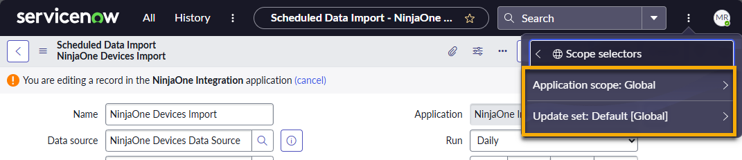 servicenow_scheduled import_scope selectors.png